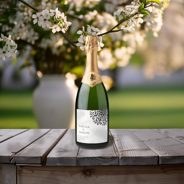 Whimsical Black and White Flourish Sparkling Wine Label (Creator Uploaded)