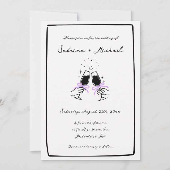 Whimsical Black and White Hand Drawn Glass Wedding Invitation (Front)