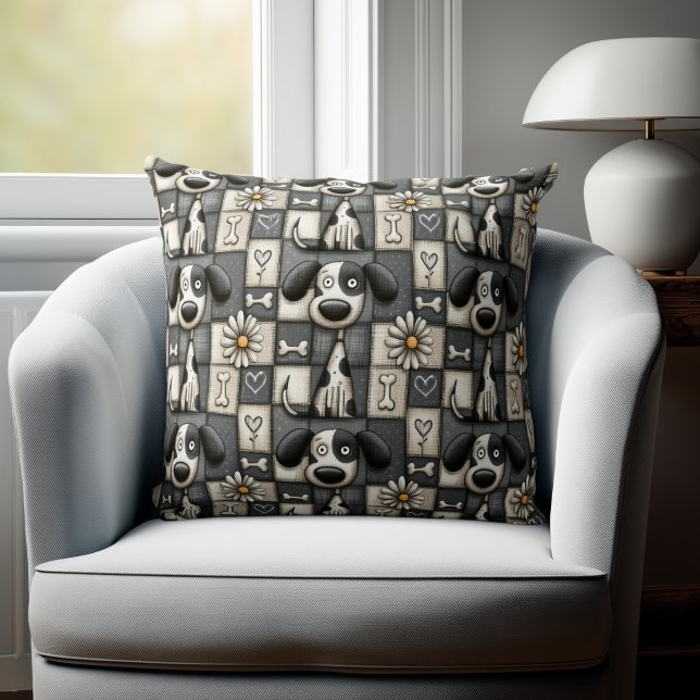 Whimsical Black and White Patchwork Dog Pattern Cushion (Creator Uploaded)