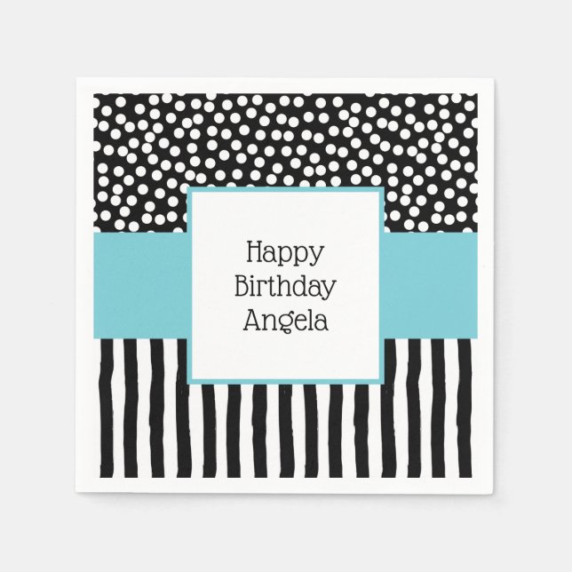 Whimsical Black and White Patterns with Aqua Napkin (Front)