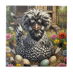 Whimsical Black and White Polish Chicken Coop Ceramic Tile