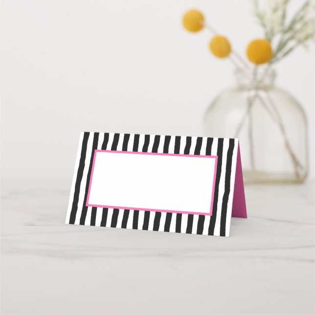Whimsical Black and White Stripes with Pink Place Card (Back)