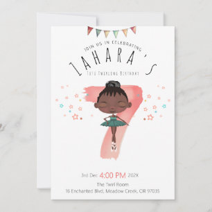 Whimsical Black Ballerina 7th Birthday Invitation