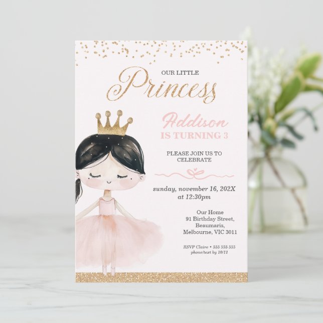 Whimsical Black Ballerina Little Princess Birthday Invitation (Standing Front)