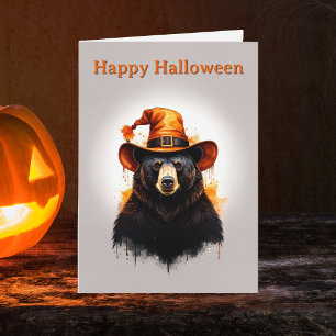 Whimsical Black Bear Orange Witch Hat Halloween Card