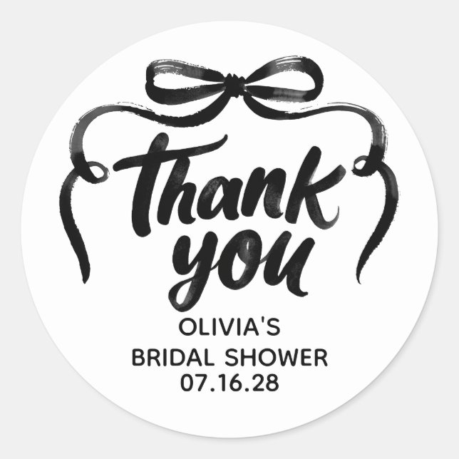 Whimsical Black Bow Bridal Shower Thank You  Classic Round Sticker (Front)