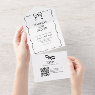 Whimsical Black Bow Tie Wedding Qr Code Rsvp All In One Invitation