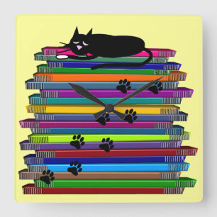 Whimsical Black Cat and Books Clock