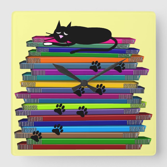 Whimsical Black Cat and Books Clock (Front)