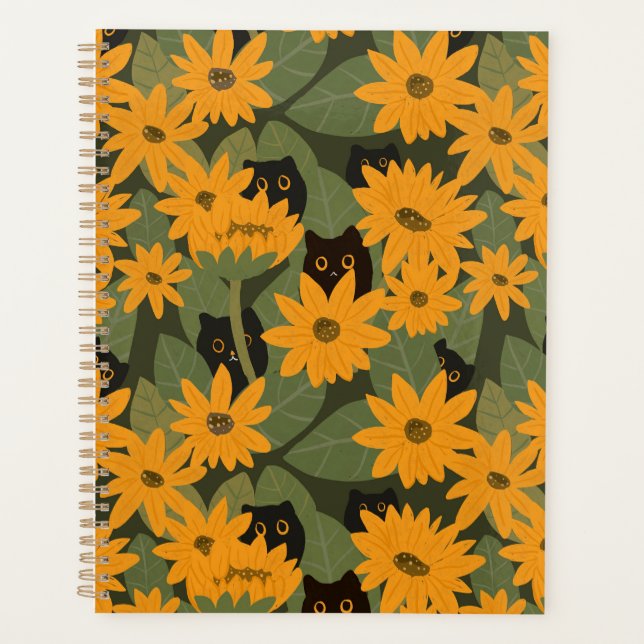 Whimsical Black Cat and Sunflower Seamless Pattern Planner (Front)