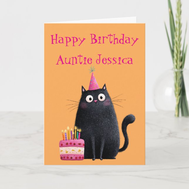 Whimsical Black Cat Birthday Card (Front)
