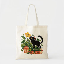 Whimsical Black Cat Botanical Book Lover
