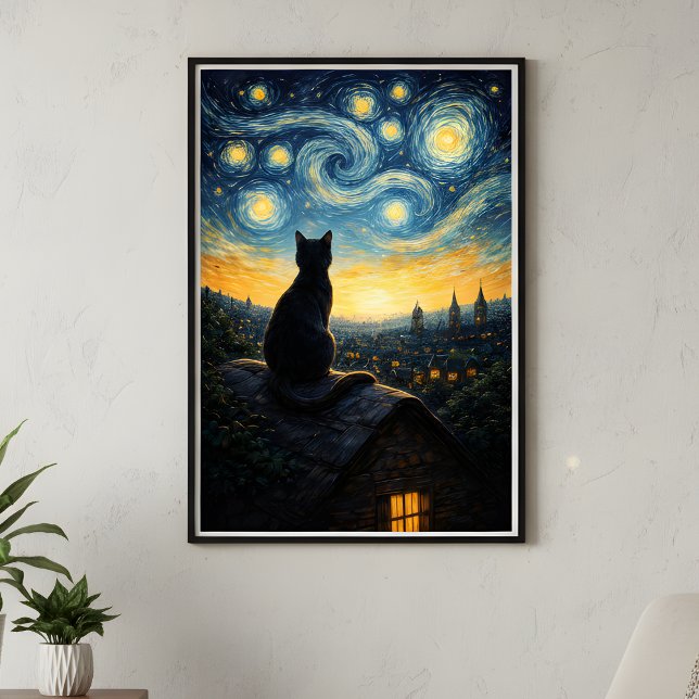 Whimsical Black Cat & Celestial Town Wall Art  (Creator Uploaded)