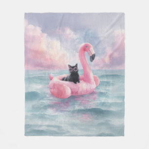 Whimsical Black Cat Flamingo Float Blanket