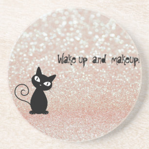 Whimsical  Black Cat Glittery-Wake up and makeup Coaster