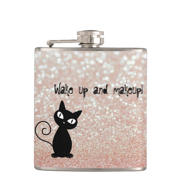 Whimsical  Black Cat Glittery-Wake up and makeup Hip Flask (Front)