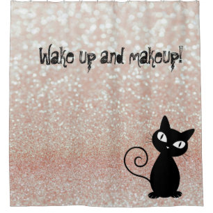 Whimsical  Black Cat Glittery-Wake up and makeup Shower Curtain