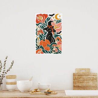 Whimsical Black Cat Halloween Botanical Folk Art Poster