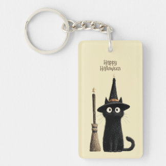 Whimsical Black Cat Happy Halloween Key Ring