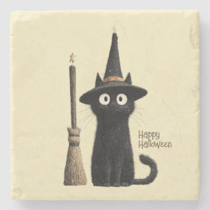 Whimsical Black Cat Happy Halloween Stone Coaster