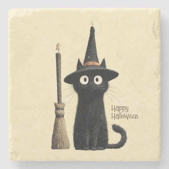 Whimsical Black Cat Happy Halloween Stone Coaster (Front)