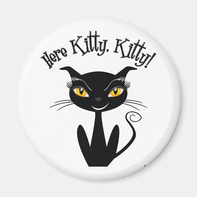 Whimsical Black Cat Here Kitty, Kitty! Magnet (Front)