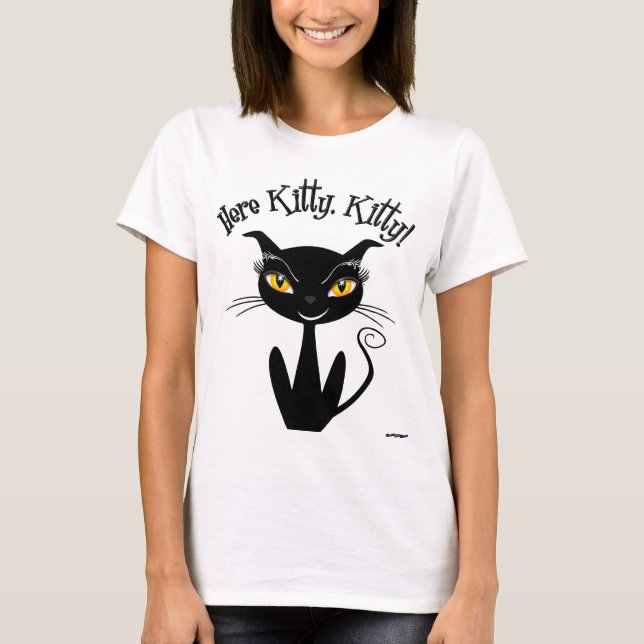 Whimsical Black Cat Here Kitty, Kitty! T-Shirt (Front)