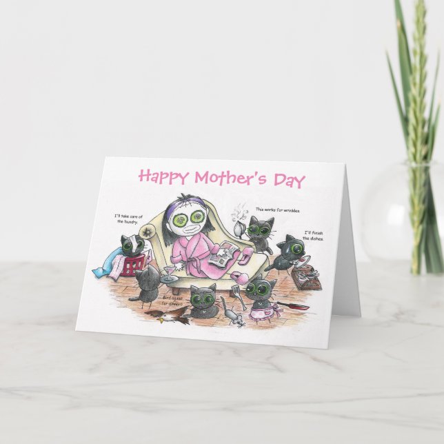 Whimsical black cat illustration mother's day card (Front)