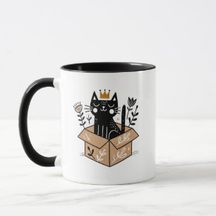 Whimsical Black Cat in a Box with Crown  Mug