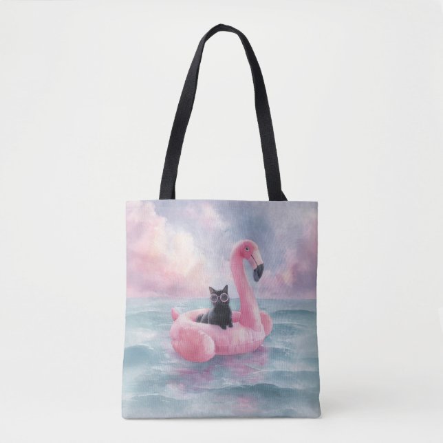 Whimsical Black Cat in Flamingo Float Tote (Front)