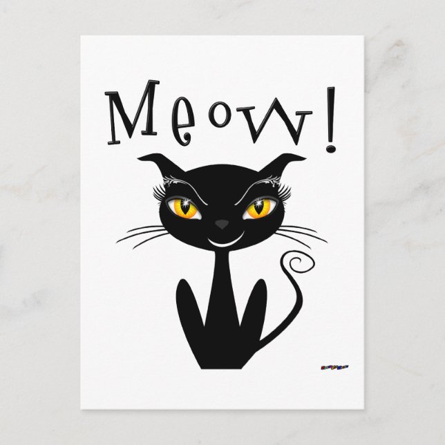 Whimsical Black Cat Meow! Postcard (Front)