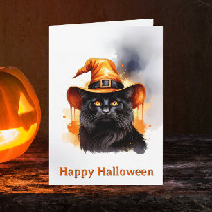 Whimsical Black Cat Orange Witch Hat Halloween Card