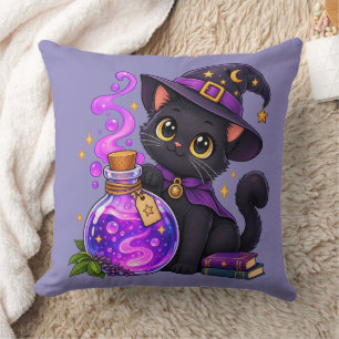 Whimsical Black Cat Potion Witch Cute Magic Throw Cushion