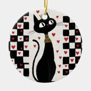 Whimsical Black Cat Queen with Gold Crown Ceramic Ornament