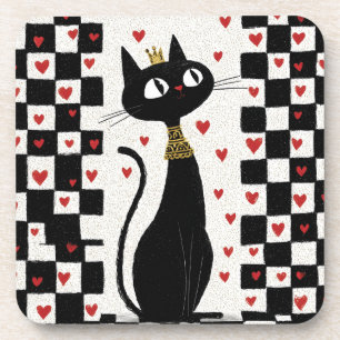 Whimsical Black Cat Queen with Gold Crown Coaster