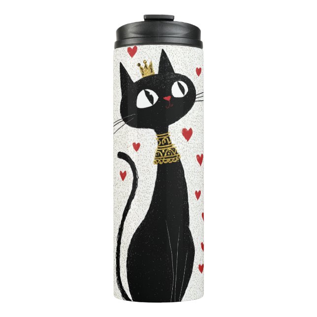 Whimsical Black Cat Queen with Gold Crown Thermal Tumbler (Front)
