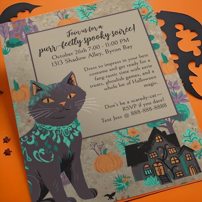 Whimsical Black Cat Rustic Neutral Green Halloween Invitation (Whimsical black cat halloween party invitation with orange green & purple pops on rustic neutral.)