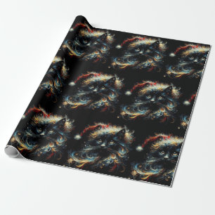 Whimsical Black Cat Santa Christmas Hat Decoupage Wrapping Paper