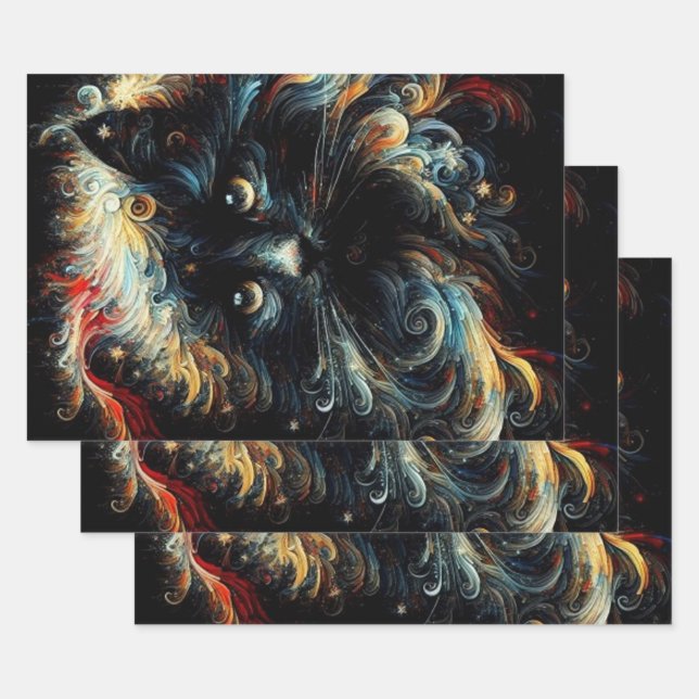 Whimsical Black Cat Santa Christmas Hat Decoupage Wrapping Paper Sheet (Set)