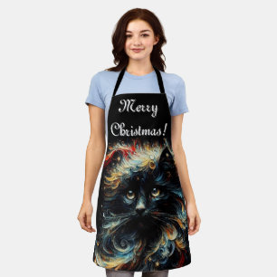 Whimsical Black Cat Santa Christmas Hat Seasonal Apron