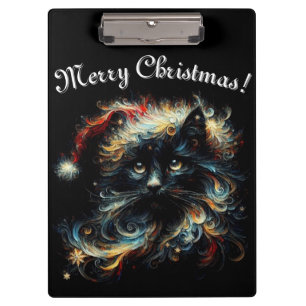 Whimsical Black Cat Santa Christmas Hat Seasonal Clipboard
