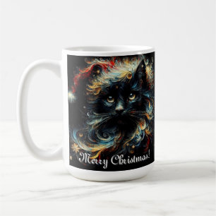 Whimsical Black Cat Santa Christmas Hat Seasonal Coffee Mug