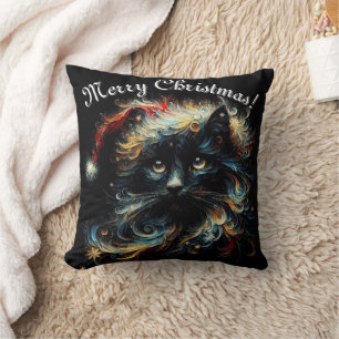 Whimsical Black Cat Santa Christmas Hat Seasonal  Cushion