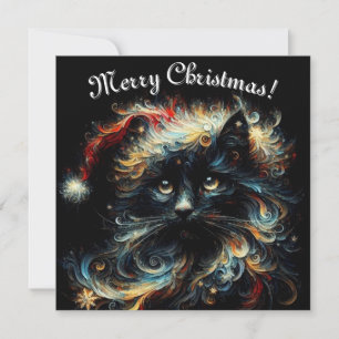 Whimsical Black Cat Santa Christmas Hat Seasonal  Holiday Card