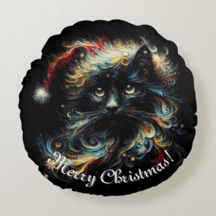 Whimsical Black Cat Santa Christmas Hat Seasonal  Round Cushion