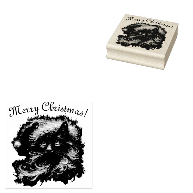 Whimsical Black Cat Santa Christmas Hat Seasonal  Rubber Stamp (Stamped)