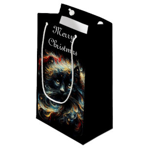 Whimsical Black Cat Santa Christmas Hat Seasonal Small Gift Bag