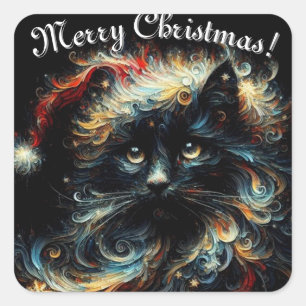 Whimsical Black Cat Santa Christmas Hat Seasonal  Square Sticker
