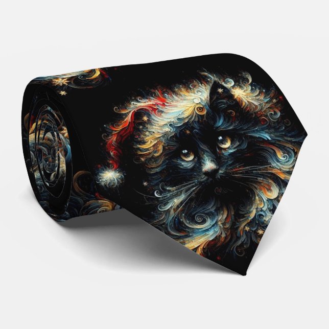 Whimsical Black Cat Santa Christmas Hat Seasonal  Tie (Rolled)