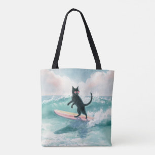 Whimsical Black Cat Surfer Tote Bag